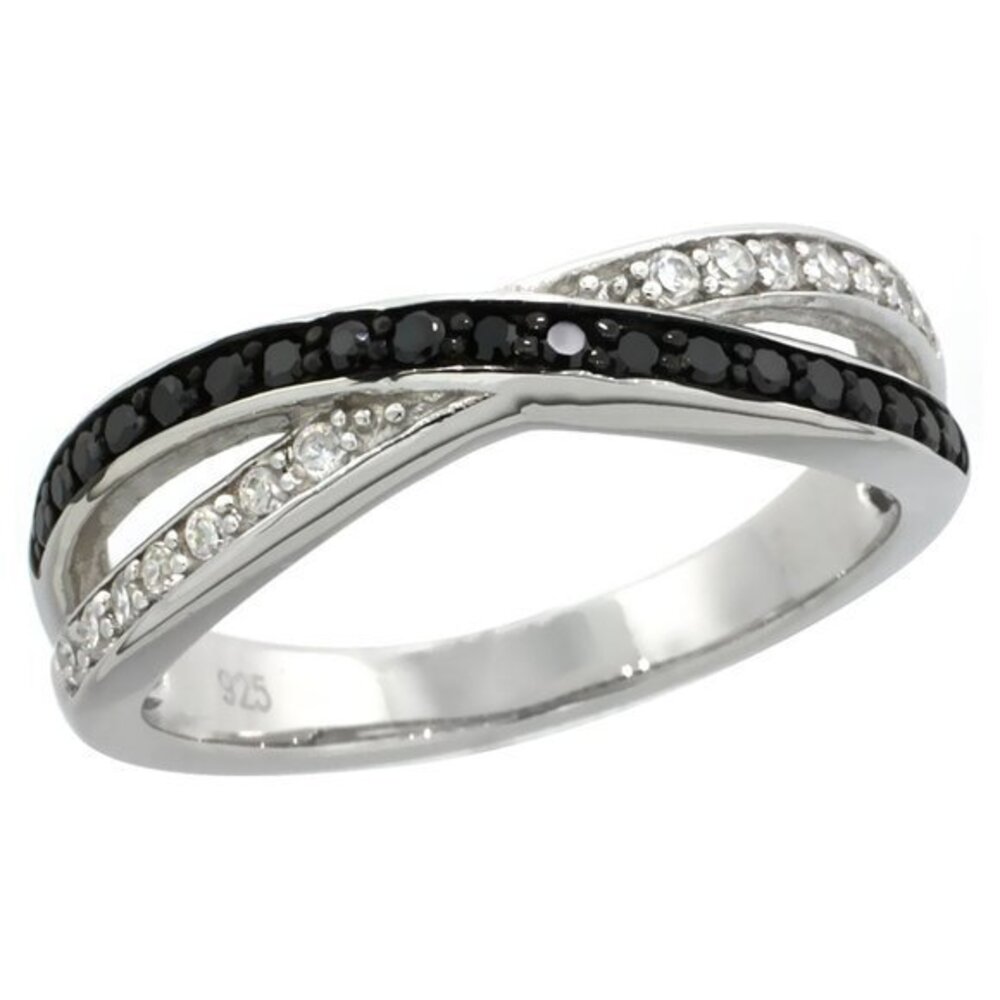 Sterling Silver Double Wire Crisscross Ring w/ Brilliant Cut Black CZ Ring